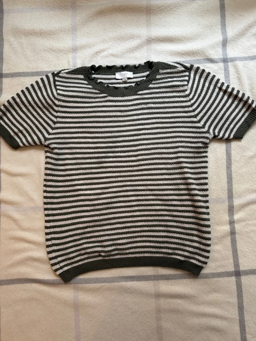LOFT Striped Short Sleeve Knit Top in Olive and Cream